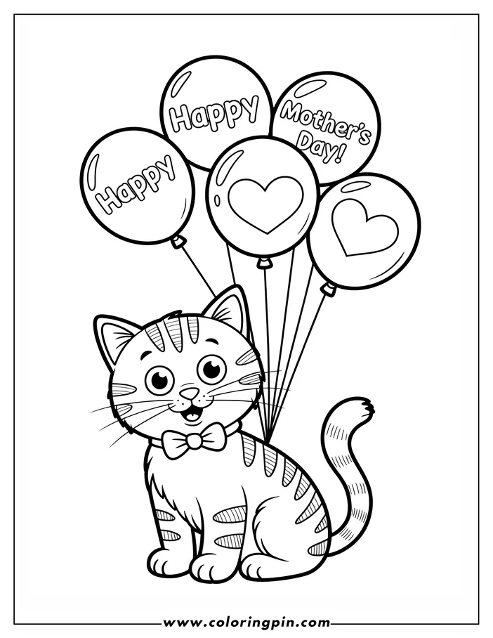 Line art of a cheerful cat wearing a bow tie and holding a bunch of balloons with the message 'Happy Mother's Day.'  This outline design is ready for coloring.