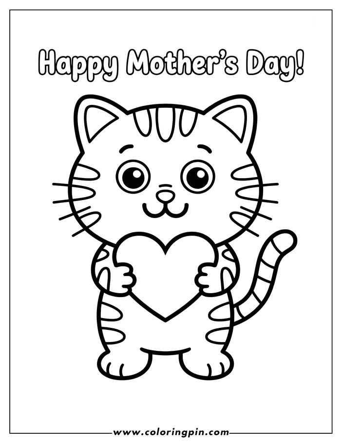 Simple, heartwarming line art for a Mother's Day coloring page. A cute cartoon cat with stripes holds a large heart, expressing love and affection. The cat's gentle smile and large eyes complete the sweet design.