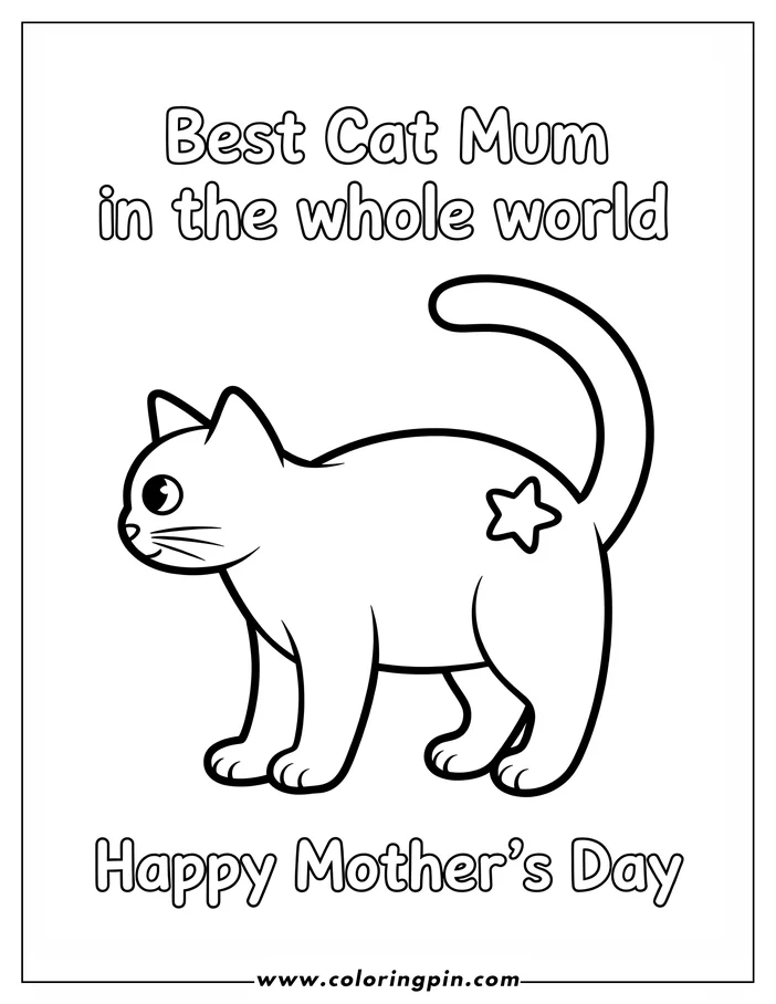 Simple line art of a cat with a star on its back, designed as a Mother's Day coloring page. The cat stands facing left, its tail curving upwards, in a clean, child-friendly style.