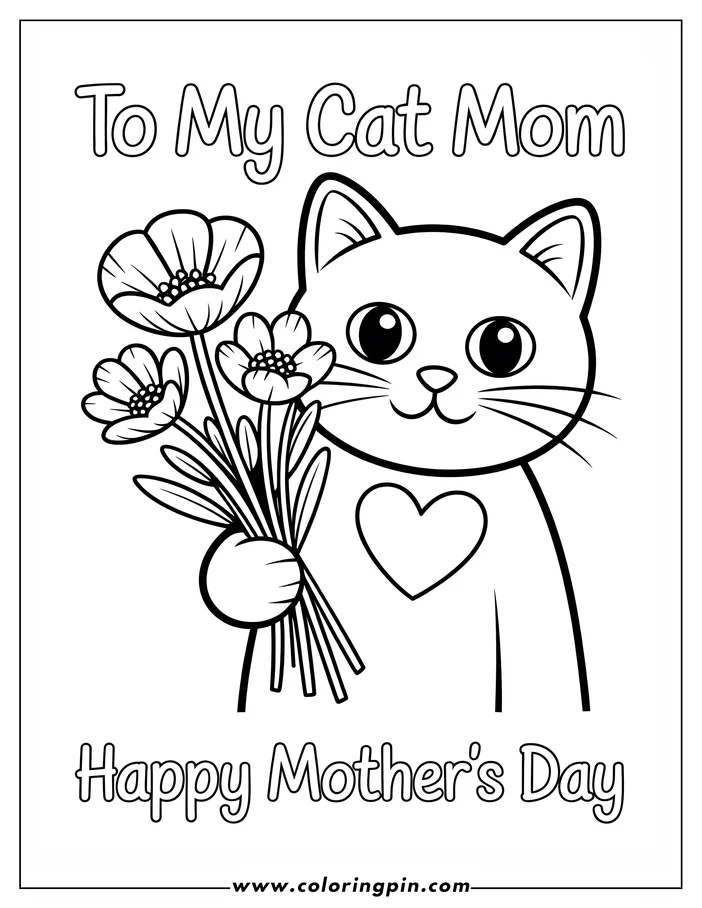 Line art of a cat holding a bouquet of flowers, with 'To My Cat Mom' and 'Happy Mother's Day' written above and below. This is a coloring page design celebrating Mother's Day.