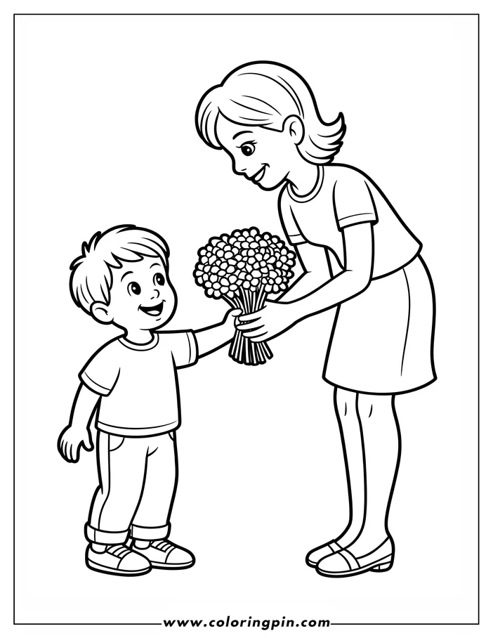 Line art of a child giving flowers to their mother for Mother's Day. The scene depicts a smiling child handing a bouquet to their happy mom, a perfect illustration for a coloring sheet.