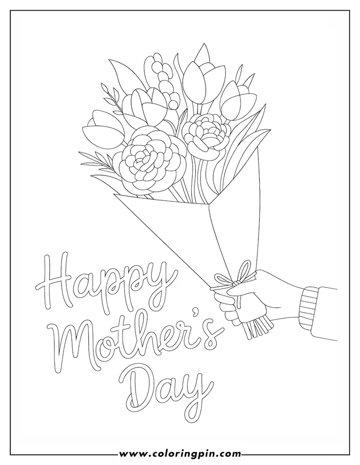 Line art of a hand holding a bouquet of flowers, including tulips and roses. The words 'Happy Mother's Day' are written below. Design for a Mother's Day coloring sheet.