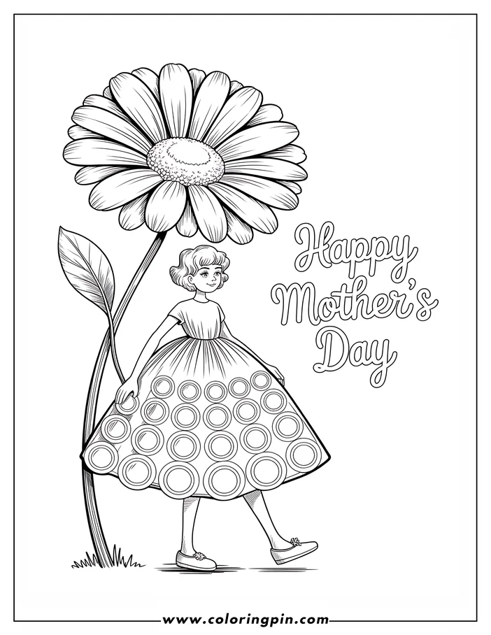Line art of a girl in a dress with large circles, walking near a large daisy. The scene includes "Happy Mother's Day," designed as a coloring page.