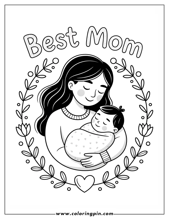 Line art of a mother and child in a Mother's Day theme. The mother holds her baby, both with peaceful expressions. They are encircled by a wreath of leaves, flowers, and a heart below. This is a printable coloring page design.