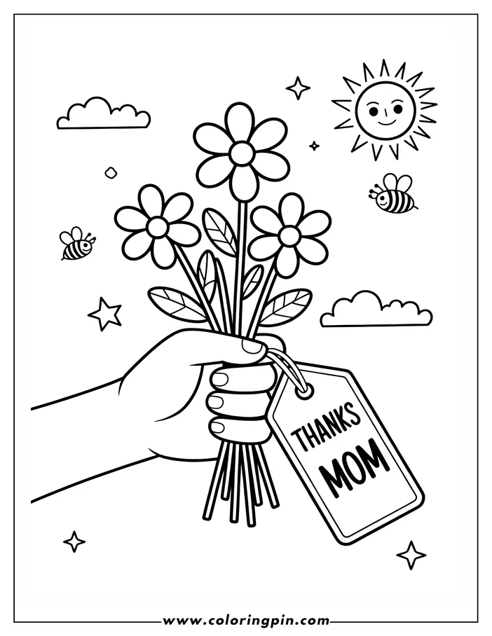 A Mothers Day coloring page depicts a hand holding a bouquet of flowers with a "THANKS MOM" tag. Two bees, a smiling sun, clouds, and stars create a festive backdrop.