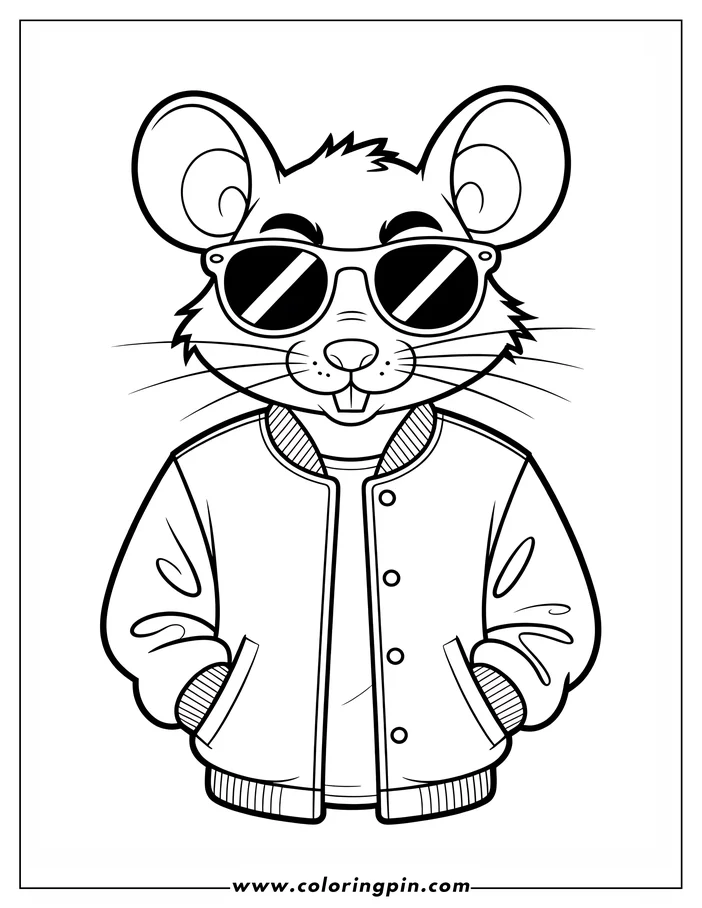 Cartoon mouse with sunglasses and a cool jacket. It has large ears, a friendly smile, and a fashionable bomber-style jacket.