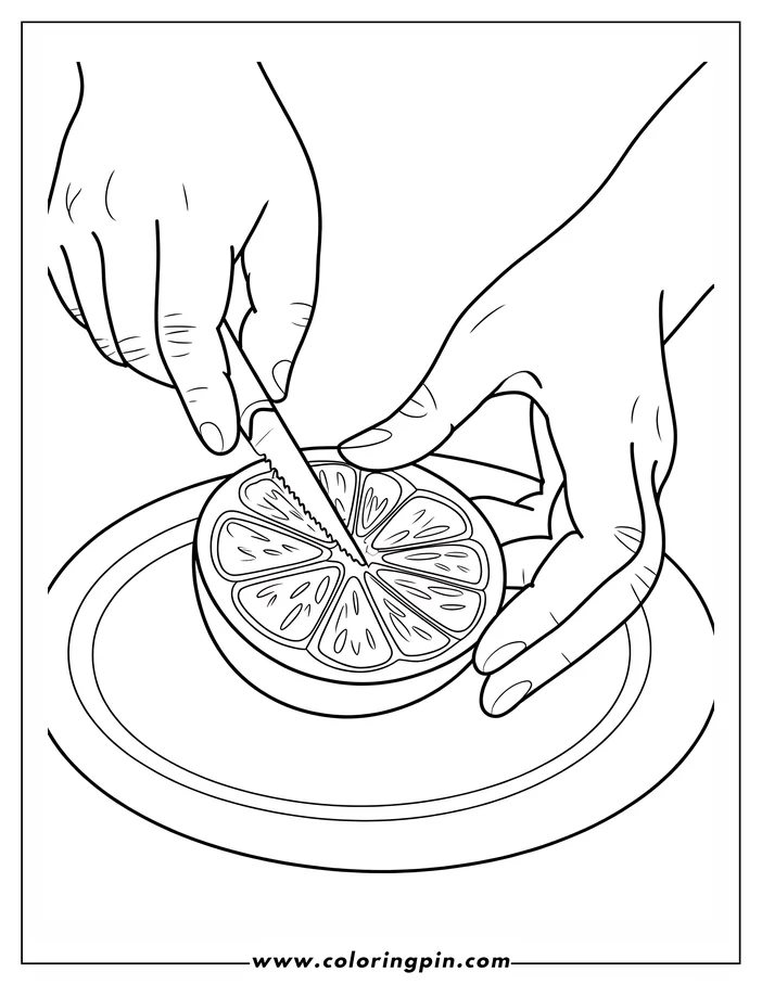 Outline of two hands using a knife to cut an orange on a plate.