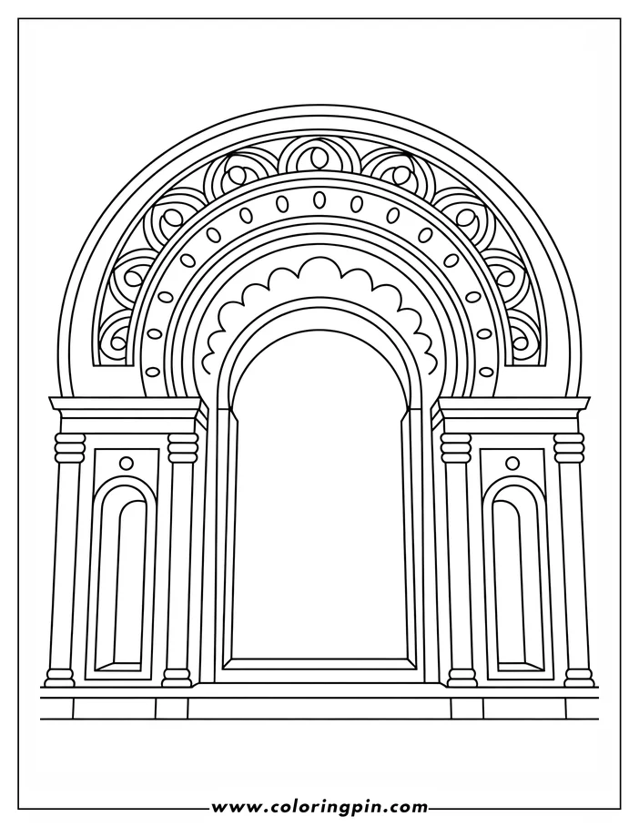 Line art of an ornate arch with detailed patterns and pillars.