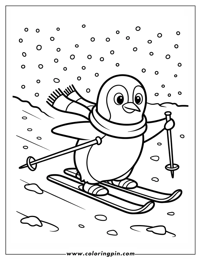 Line art of a penguin wearing a scarf, skiing down a snowy hill. It's a winter-themed coloring page design.