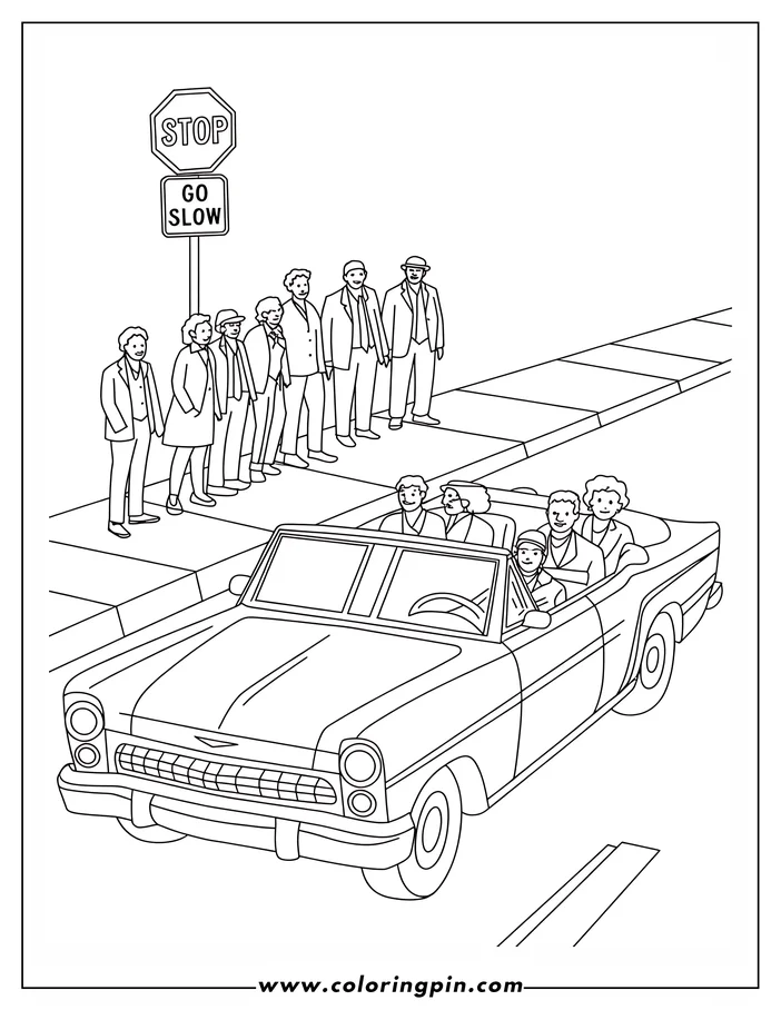 Line art of several people waiting at a stop sign with a convertible car passing by.
