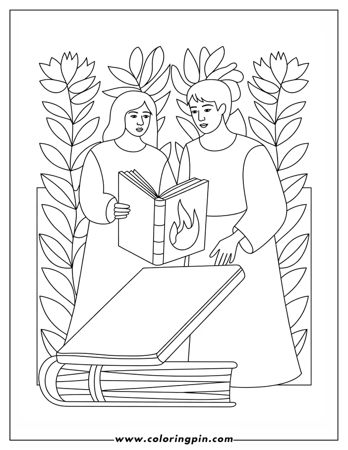 Two people stand with books, one holding an open book with a flame and the other with a stack of books, set against a backdrop of stylized leaves.