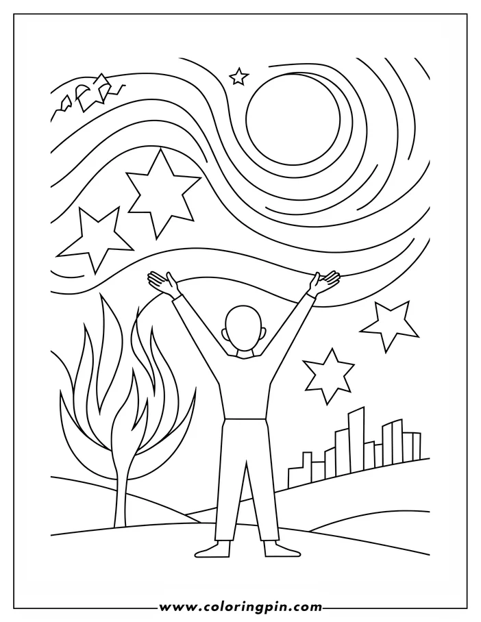 Outline of a person standing with arms raised towards a swirling sky with stars and a large circle.