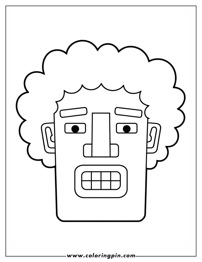 Line art of a person's head with curly hair, large eyes, and an open mouth.