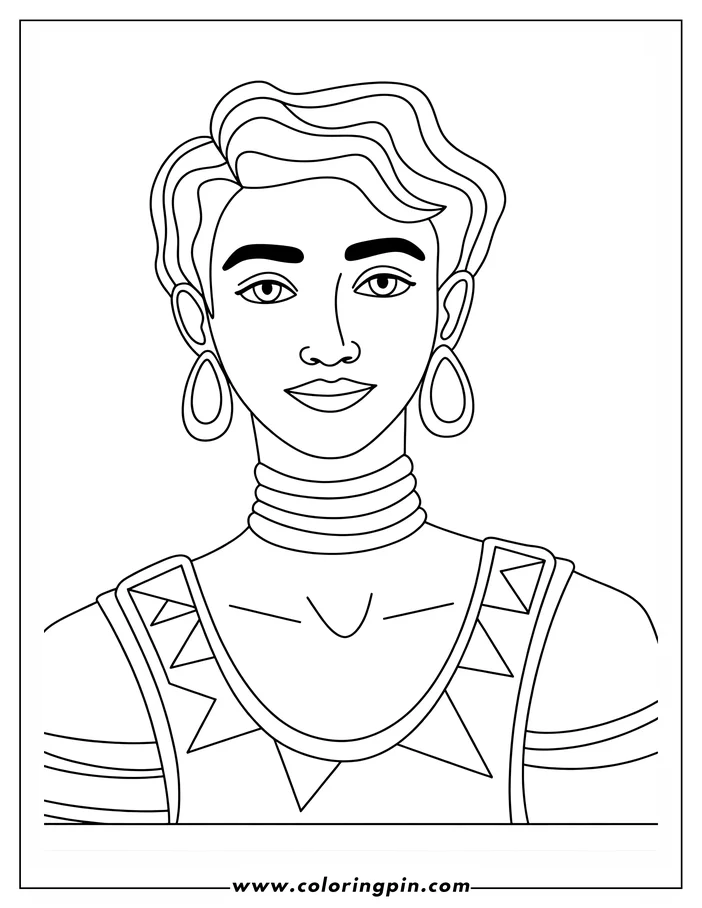 Line art of a person wearing a large necklace and earrings, ready to be colored.