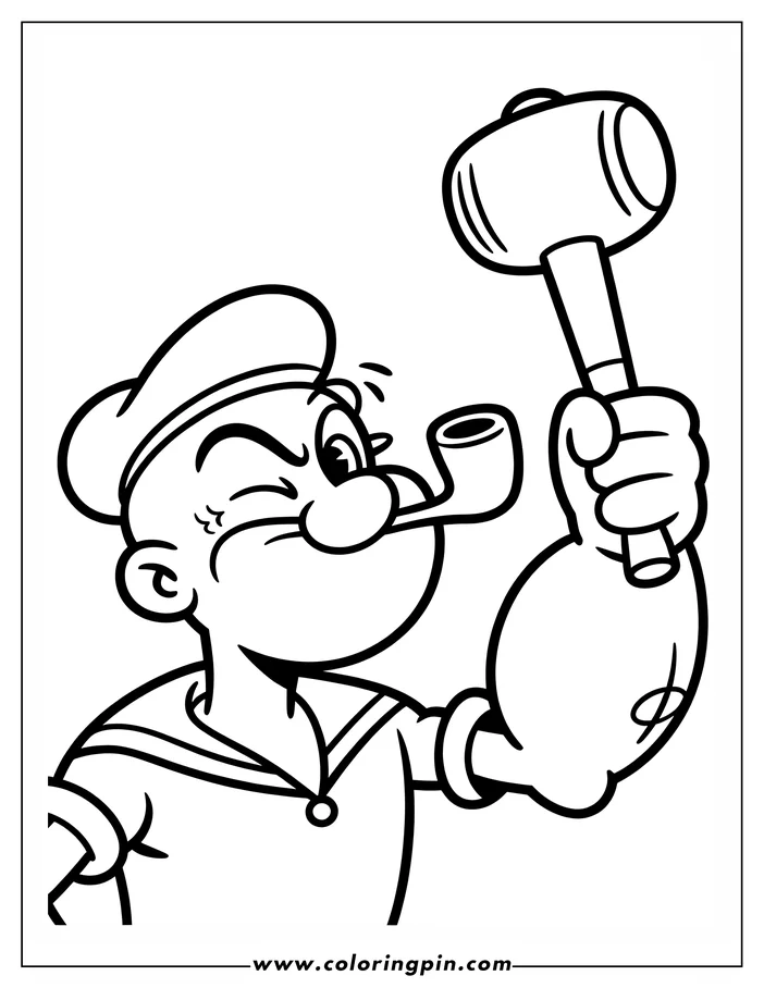 Line art of Popeye the Sailor Man holding a mallet, with his pipe in his mouth and one eye squinted.