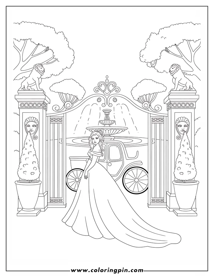 Outline of a princess in a gown standing in front of a palace gate with a fountain, lion statues, and topiary trees.