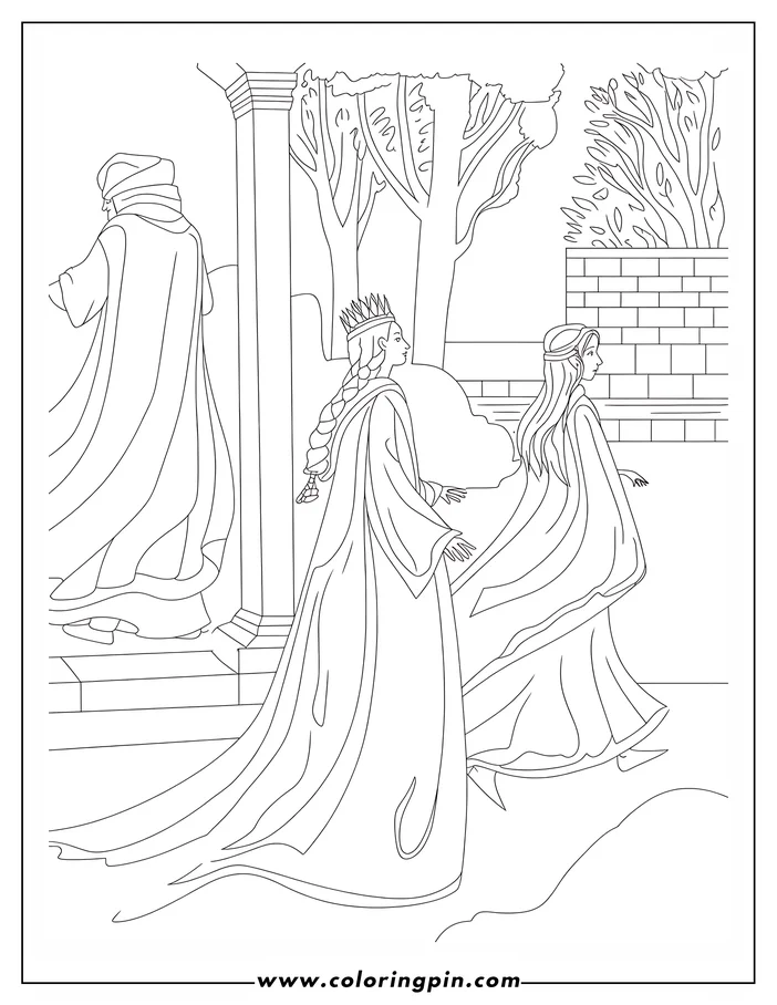 Outline of a queen and another woman walking near a building with columns, trees, and a brick wall. The queen is clearly identifiable by her crown.