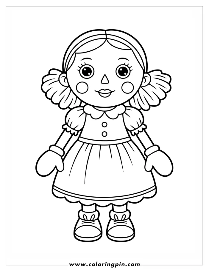 Line art of a rag doll wearing a dress, gloves, and shoes.
