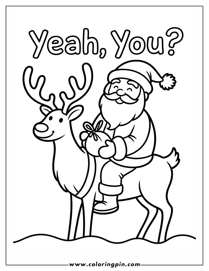 Simple line art of a Christmas reindeer giving Santa a ride. Santa Claus, with his characteristic beard and hat, carries a small gift bag. The scene appears to be set on a snowy ground. This illustration is designed as a coloring page.