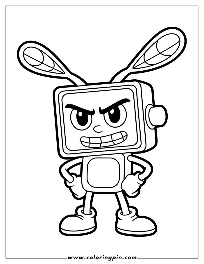Outline of a cartoon robot with a mischievous grin and antennae, standing with hands on hips.
