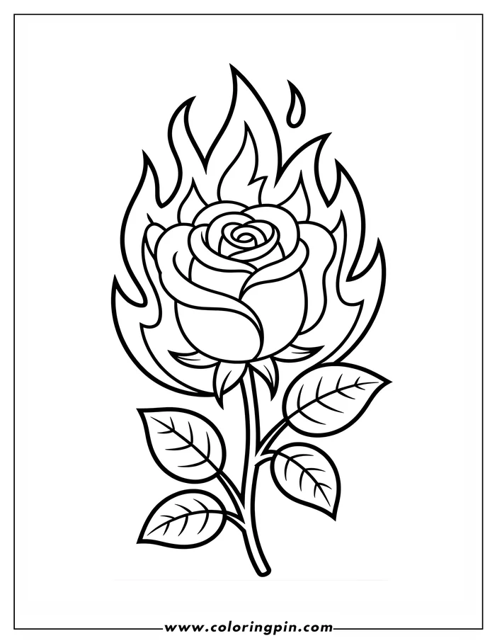 Line art of a rose with flames surrounding it.