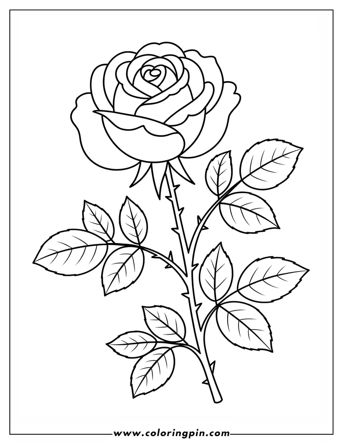 Outline of a rose with thorns on its stem and several leaves.
