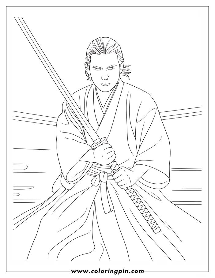 Line art of a samurai holding a sword, ready for battle. The samurai wears traditional robes.