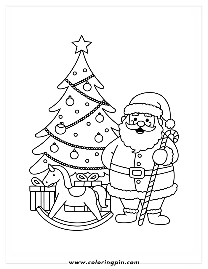 Line art of Santa Claus holding a candy cane, a decorated Christmas tree in the background, and a rocking horse toy with presents underneath.