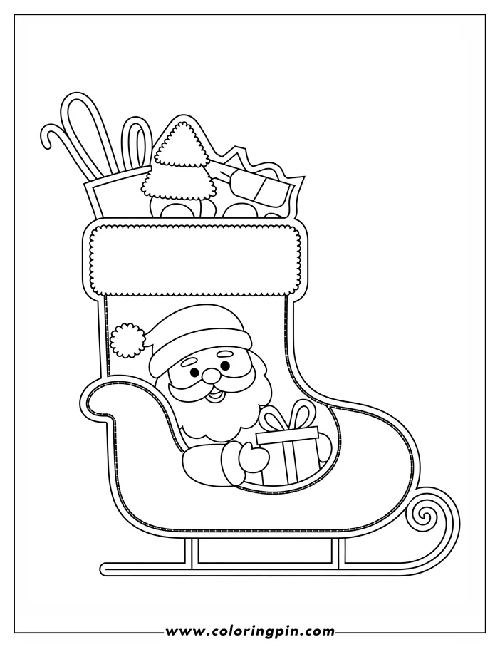 Santa Claus sitting in his sleigh, holding a present. Candy canes, a Christmas tree, and a wrapped bottle are in the back of the sleigh. 