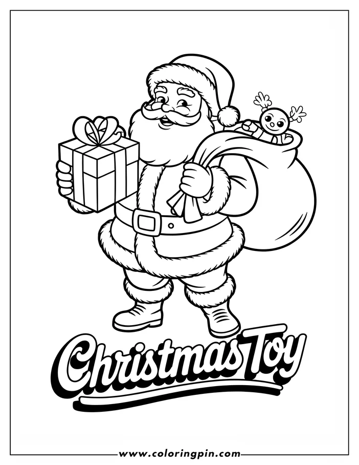 Santa Claus holding a present and toy sack, with a gingerbread toy peeking out.