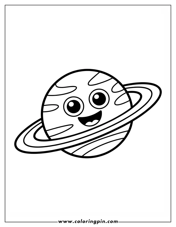 Cartoon-style line art of the planet Saturn with a smiling face and prominent rings.