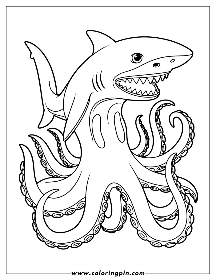 Line art of a cartoon shark sitting on an octopus. The shark's mouth is open, revealing sharp teeth, and its fins are raised. The octopus's tentacles curl around the shark.