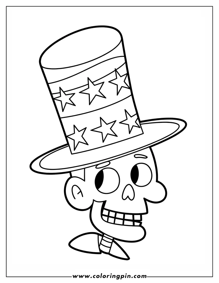 Cartoon skull wearing a patriotic top hat with stars and stripes.