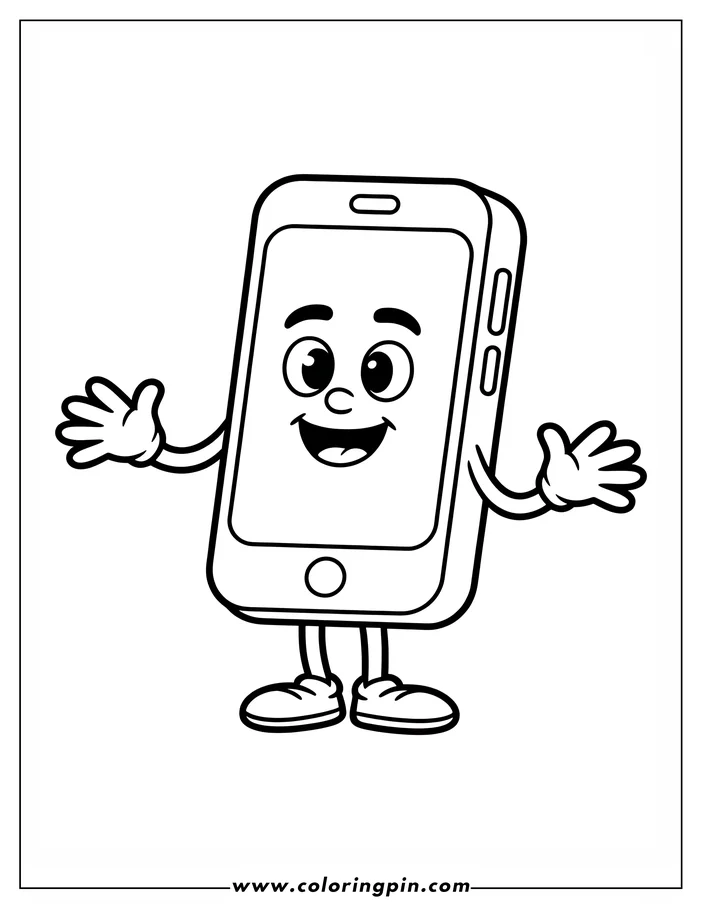 Outline of a cartoon smartphone waving. It's wearing simple shoes and has a large screen with side buttons.
