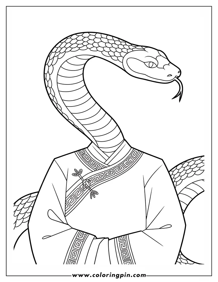 Line drawing of a snake's upper body emerging from a robe with patterned trim, tongue extended.