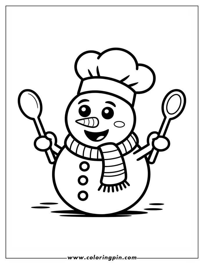 Cartoon snowman wearing a chef hat and holding two spoons.