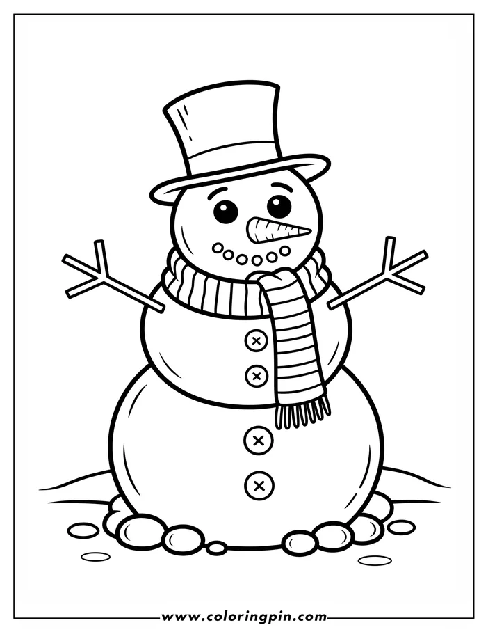 A cartoon snowman with a top hat, scarf, twig arms, carrot nose, and coal buttons.