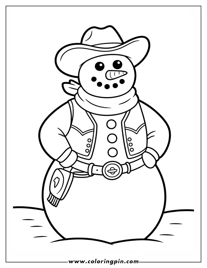 Outline of a snowman dressed in a Western-style cowboy outfit, complete with hat, vest, and holster.
