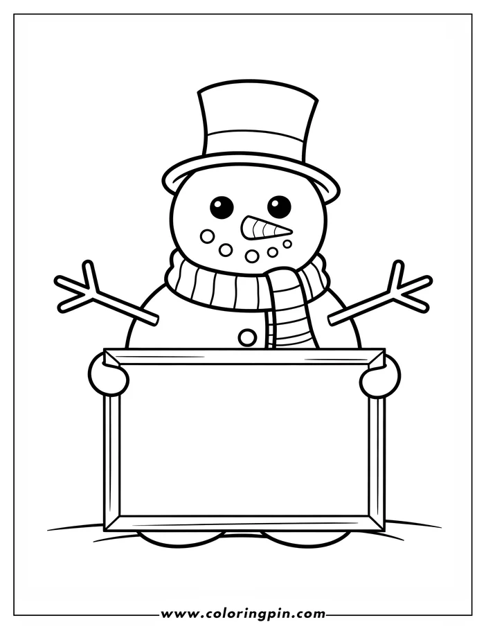 Outline of a snowman in a top hat and scarf, holding a blank sign.
