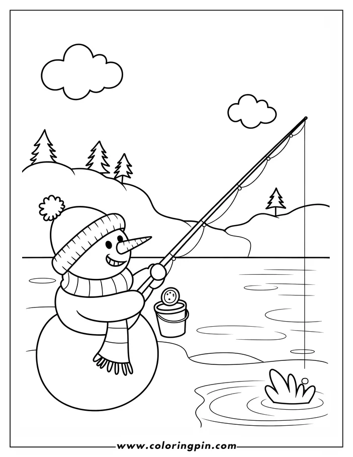 Outline of a snowman ice fishing on a frozen lake. He has a winter hat and scarf and holds a fishing rod. There's a bucket, pine trees, and a snowy slope in the background.