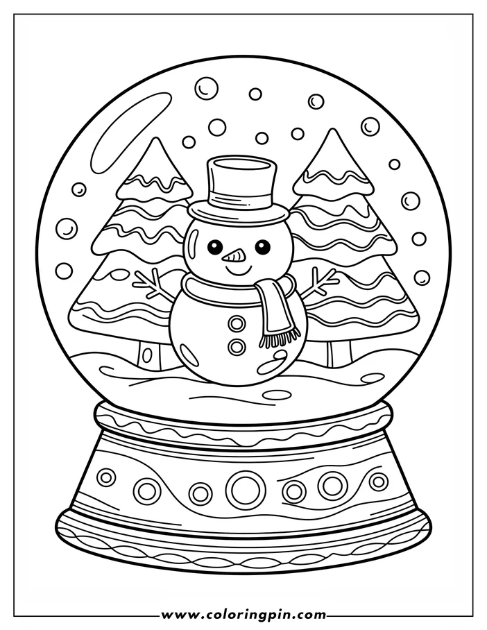 Line art of a winter scene in a snow globe. A snowman with a top hat and scarf stands between two decorated fir trees.  Snowflakes drift around inside the globe, which sits on a decorative base. This is a coloring page design.