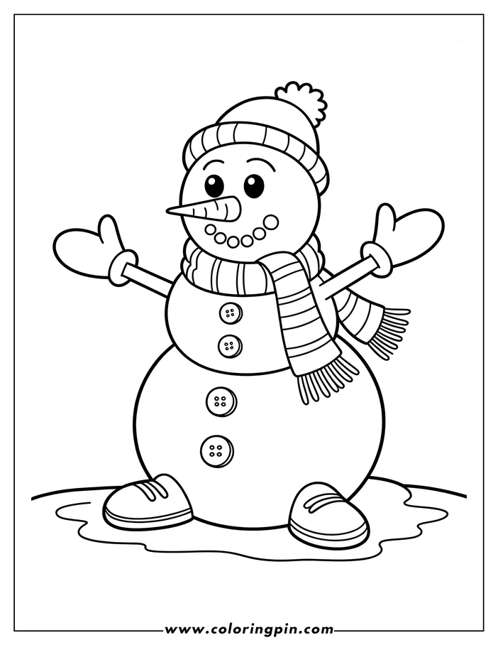 Outline of a snowman wearing a winter hat, scarf, and mittens, standing on a patch of ground.