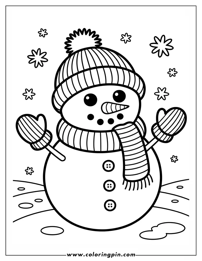 Outline of a snowman wearing a winter hat, scarf, and mittens, standing in the snow with snowflakes falling around it.