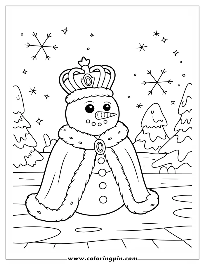 Outline of a snowman wearing a crown and royal robe in a snowy landscape with trees and snowflakes.