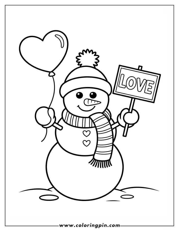 Outline of a snowman holding a love sign and a heart balloon, wearing a winter hat and scarf.