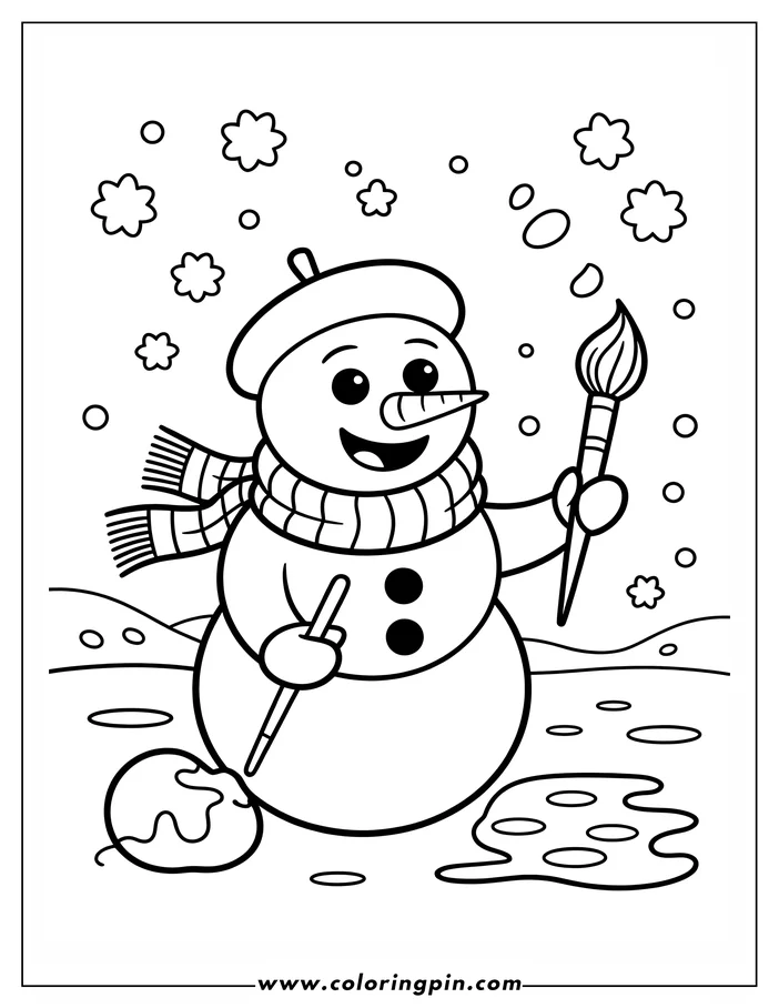 Outline of a snowman painting outdoors with a brush and palette. He wears a winter hat and scarf, and snowflakes are falling around him.