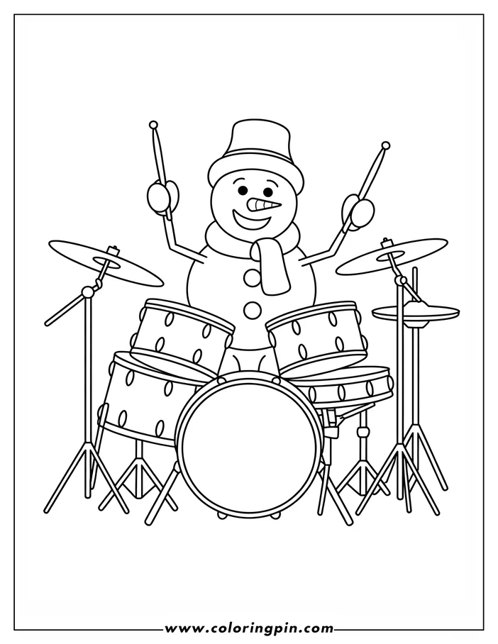 Outline of a snowman playing a drum set. He's wearing a top hat and scarf and looks happy to be drumming.
