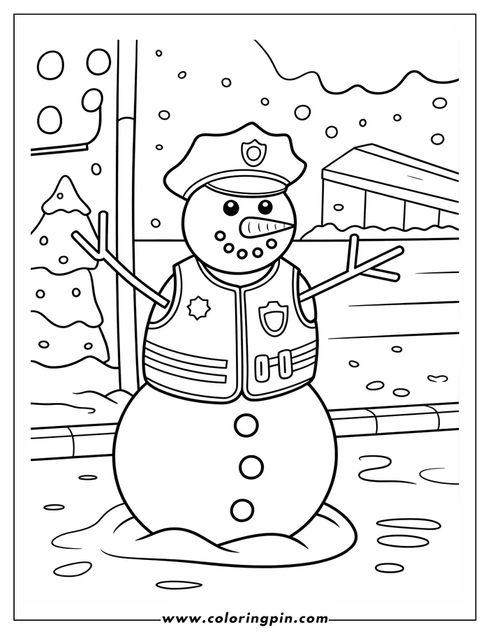 Outline of a snowman dressed as a police officer, standing near a tree and building in a snowy scene.
