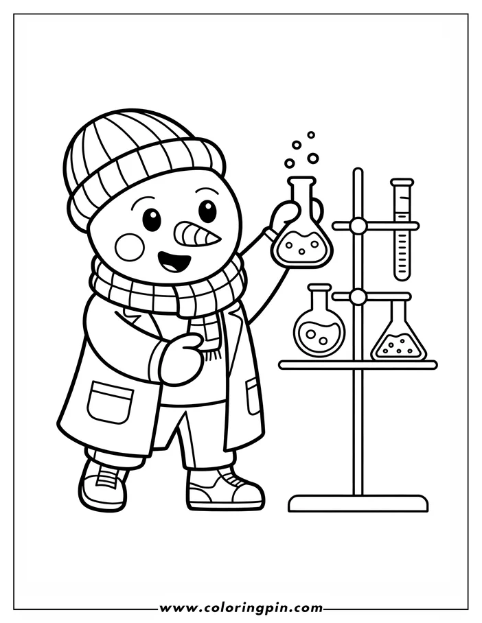 Line art of a snowman conducting a science experiment with beakers and test tubes. He's wearing a winter hat, scarf, and coat.