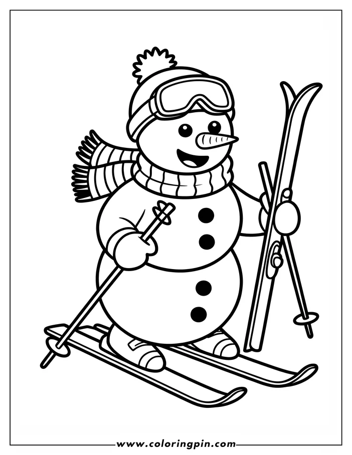 Outline of a snowman wearing a hat, goggles and scarf, skiing down a slope. 